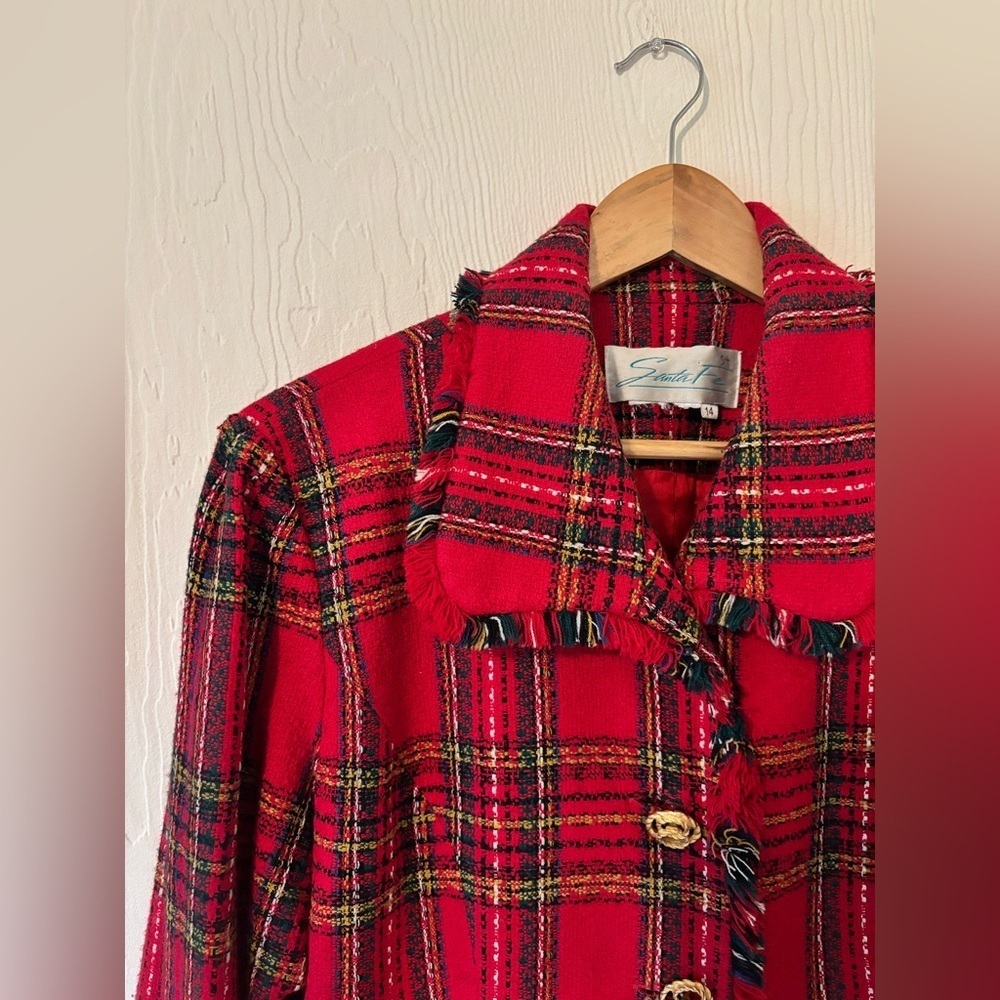 Vintage Red Tweed Plaid Knit Woven Raw Hem Fringe Blazer Jacket Gold Buttons - Picture 6 of 12
